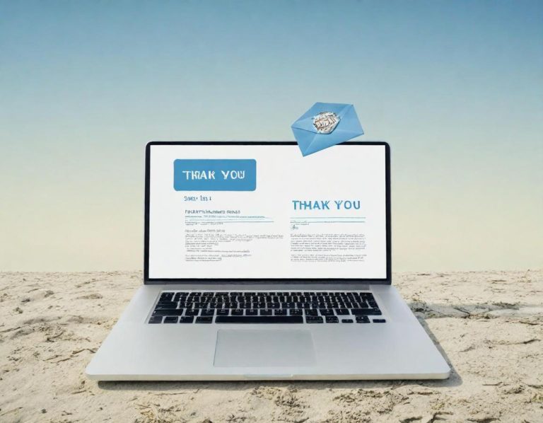 A laptop on a beach displaying a "Thank You" webpage with a blue envelope icon.